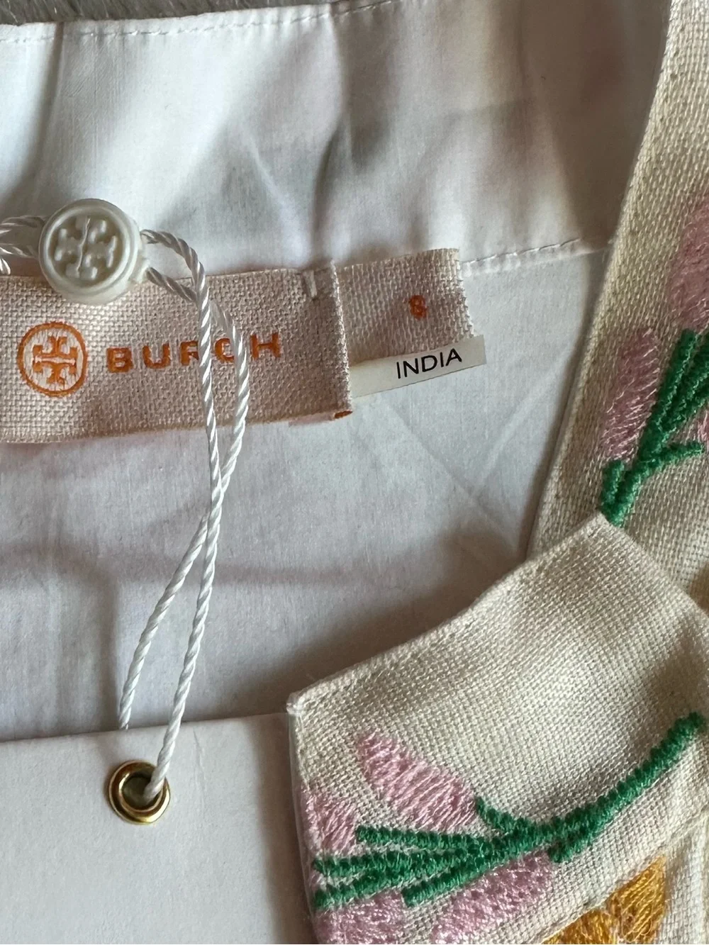 Tory Burch White Embroidered Tunic with Yellow, Pink & Green Details